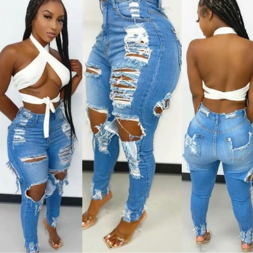 Fashion new women skinny ripped patchwork casual denim jeans pants bottom
